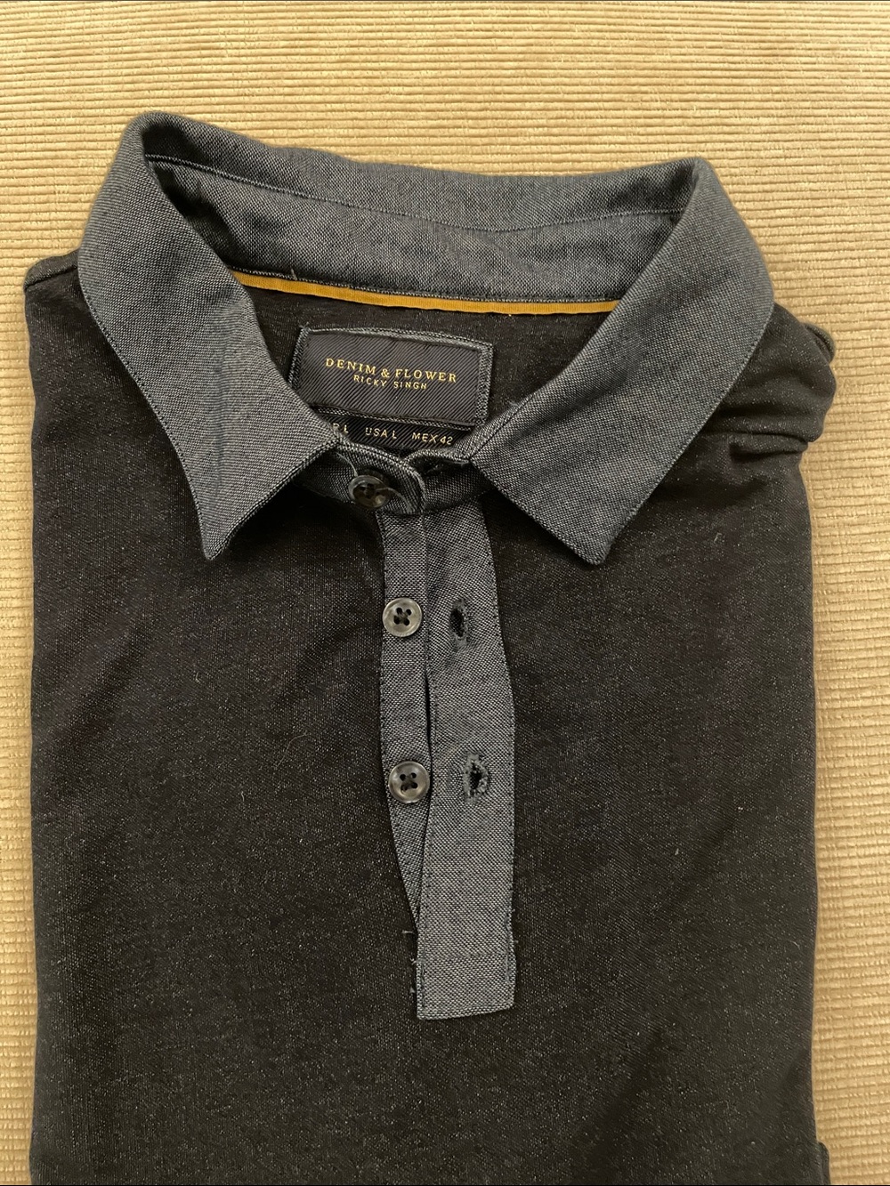 Denim & Flower Men's size Large Dark Navy Polo with Chambray Trim